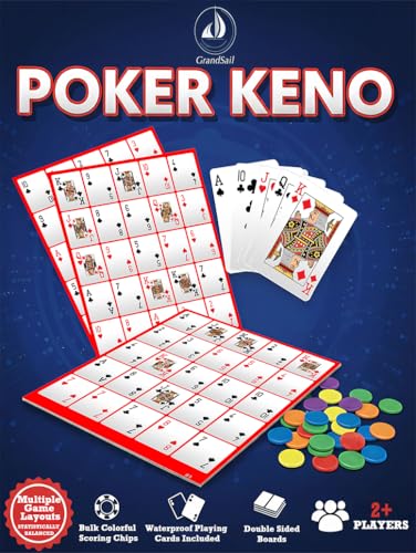 GrandSail Poker Keno Bingo Set: 12 Double-Sided Boards (12 Unique Layouts) 250 Chips 1 Decks Waterproof Poker Cards. Family Casino Night Fun