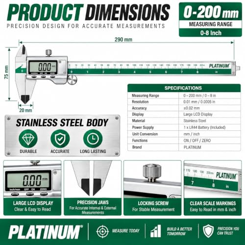 Image of 200mm Digital Vernier Caliper Stainless Steel Electronic Measuring Tool with LCD Display, 0.01mm Accuracy, Inch /MM Conversion, Precision Gauge for Engineering, Workshop & DIY Use (PLATINUM 200MM)