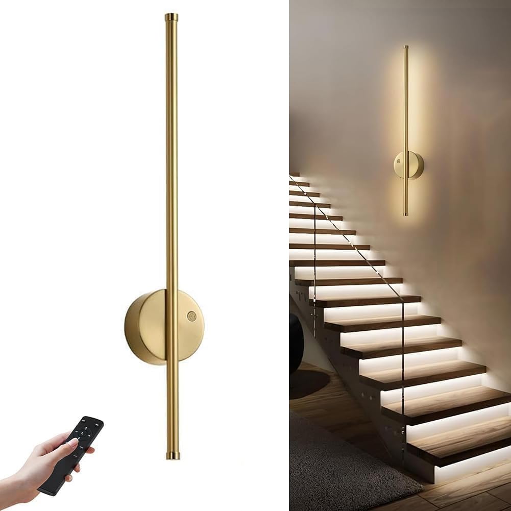 LOGT Motion Sensor Battery Operated Wall Sconce Modern Rechargeable Wireless Wall Lights with Remote Control, Dimmable, 3000K/4000K/6000K, Timer for Living Room, Hallway,Gold,100CM