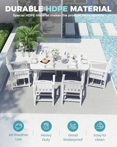 Image of Ciokea HDPE Outdoor Dining Set, 7-Piece Patio Table and Chairs Set with Umbrella Hole, All-Weather Patio Dining Sets for 6, Durable Patio Furniture for Backyard, Garden, Lawn & Poolside, White
