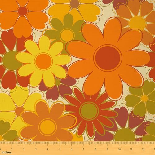 Vibrant 70s Daisy Floral Fabric for Crafting and Upholstery – Retro Hippie Style in Orange, 1 Yard (36" L x 59" W)