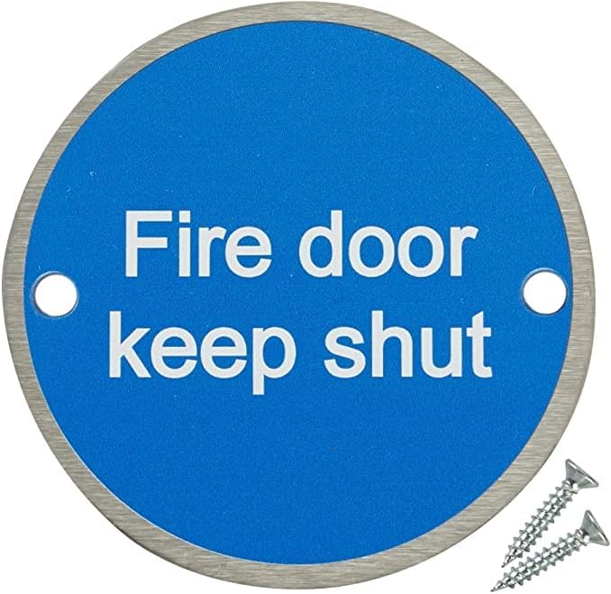 Fire Door Guru® - Fire Door Keep Shut - Pack of 10 - Stainless Steel Safety Sign 76mm Disc - Fixings Included