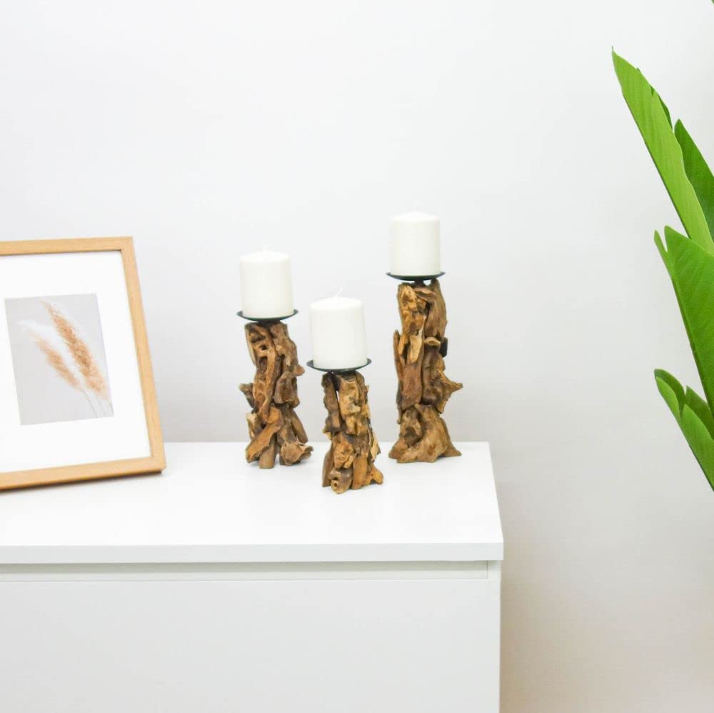 AquaOne Kerzenständer 3er Set I Treibholz Natur Stumpenkerzen Ständer Größe M L XL I Naturholz Rustikal I Holz Möbel Deko I Handarbeit Unikat Wurzel Braun