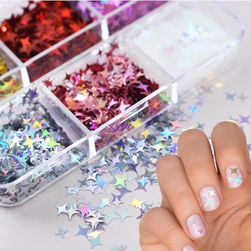 6 Grid Holographic Star Nail Glitter Set,3D Five-Pointed Star Sequins,Flakes for Nail Art, Independence Day Decor, DIY Crafts Holographic Sparkle Nail Decals for Women Girls Manicure Supplies