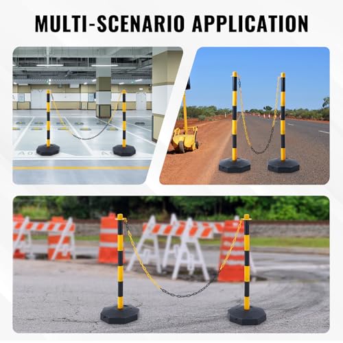 Happybuy Adjustable Traffic Delineator Post Cones, 2 Pack Yellow & Black. Traffic Safety Delineator Barrier with Fillable Base and 8FT Chain. for Traffic Control, Warning, Parking Lot, Construction