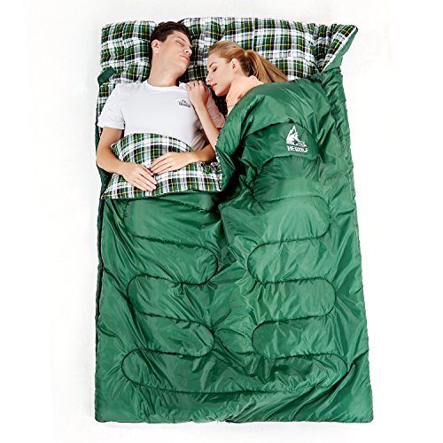 Hewolf Flannel Double Sleeping Bag - Waterproof Camping Extra Wide 2 Person Sleeping Bags for Travel Indoor Outdoor with Compression Sack (Double Size Green, 30-50F 5-10℃(3.2kg))