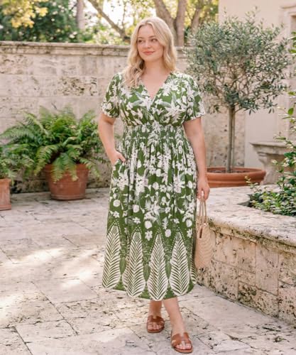 Image of CARCOS Plus Size Dresses for Curvy Women V Neck Summer Maxi Dress Short Sleeve Floral Boho Dress Smocked Waist Beach Dress