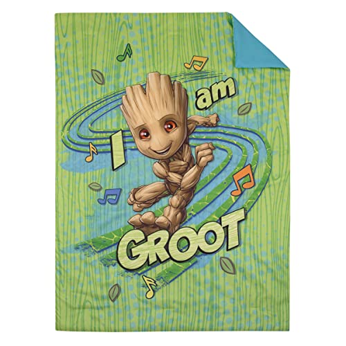 Image of NoJo Marvel Guardians of The Galaxy I Am Groot Green and Blue 4 Piece Toddler Bed Set - Comforter, Fitted Bottom Sheet, Flat Top Sheet, and Reversible Pillowcase