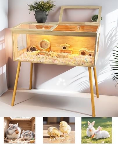 Cage pour Hamster en pin Naturel avec Lampe chauffante, Pieds en Bois Massif de 4 x 70 cm et Panneaux en Bois Massif de 1,5 cm d'épaisseur, pour rongeurs,...