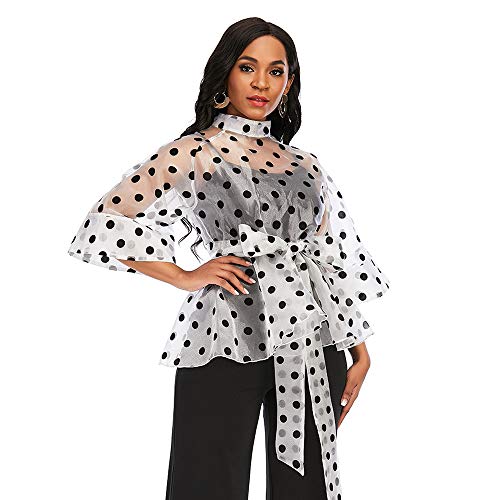 AOMEI Women's Stand Collar Polka Dot See Through Front Tie Peplum Blouse4