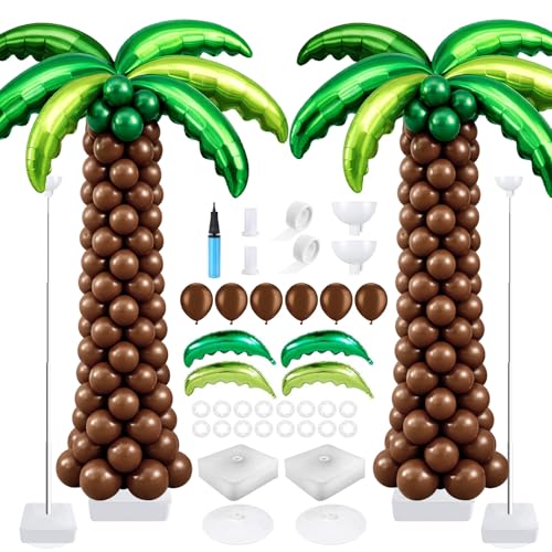 132 Pcs Palm Tree Balloon Column Stand Kit 6.5 Ft 12 Pcs Green Palm Tree Leaves Balloons and 120 Pcs Coconut Balloons with Adjustable Metal Tube for Hawaiian Luau Tropical Aloha Summer Party Decors