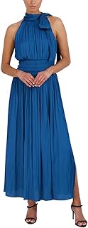 Women's Fit and Flare Maxi Dress Sleeveless Smocked Waist Halter Neck Bow Detail - Buy now