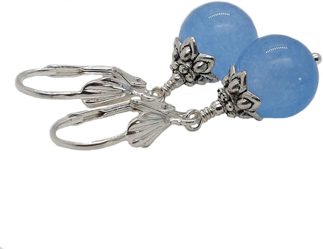 Blue Jade Earrings for Women Round Dangles Silver Plated Leverbacks Handmade Jewelry in Gift Box - Image 2