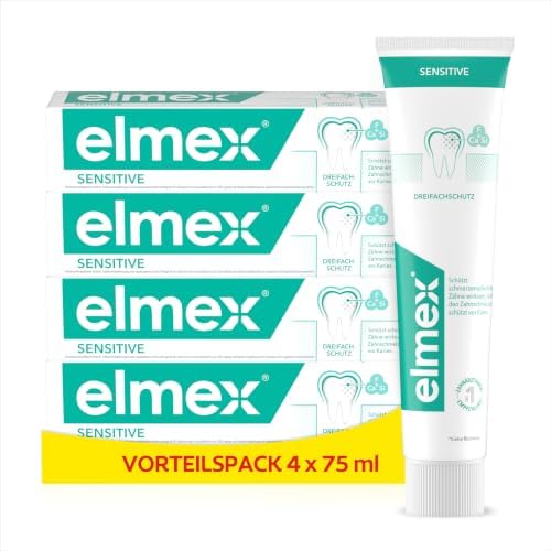 elmex® Sensitive Zahnpasta 4x75 ml | Für schmerzempfindliche Zähne, klinisch bestätigter 3-fach-Wirkmechanismus, 24h-Schutz durch Fluorid