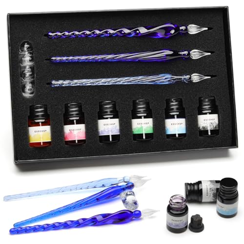 ESSSHOP Conjunto de caligrafia de caneta de vidro – Conjunto de 3 canetas de cristal azul e suporte