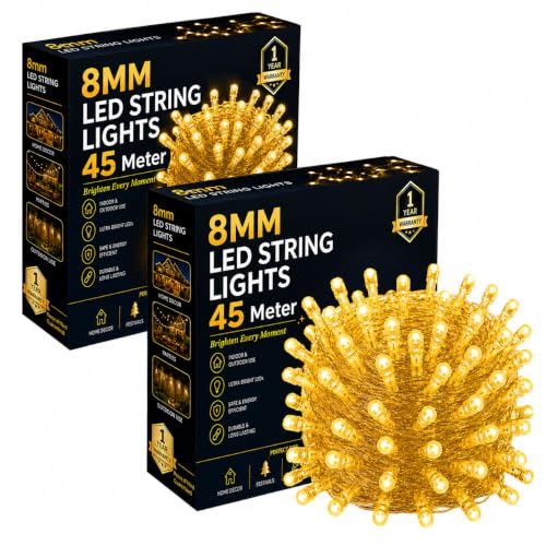 Image of Gesto 45 Meter LED String Lights - Warm White 8mm Big Led Fairy Lights for Decoration | 360 Glow Waterproof Copper Wire Lights for Home Decor Balcony Outdoor Christmas & Diwali Decoration- Pack of 2