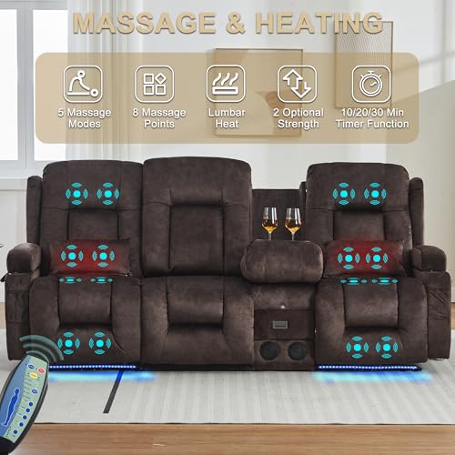 Image of URRED Power Loveseat Recliner Sofa with Massage and Heat, Wall Hugger Reclining Loveseat with Console, RV Couch Home Theater Seating with LED Lights for Living Room (Brown, 89.8 inch - 3 Seats)
