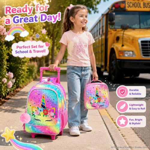 Image of Rolling Backpack for Girls and Boys,Kids Unicorn Dinosaur Bookbag with Roller Wheels, Suitcase School Bag Set, 18'' Jmd Rolling Pink, One Size