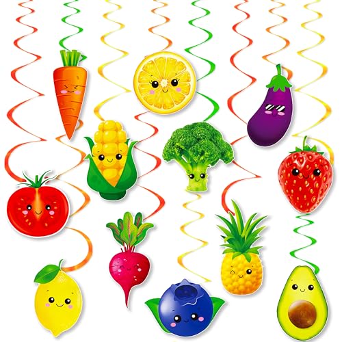 20Pcs Vegetable & Fruit Theme Hanging Swirls Funny Fruit and Vegetable Ceiling Streamers for Farmer Market Birthday Party Decorations Summer Fruit Garden Party Baby Shower Supplies
