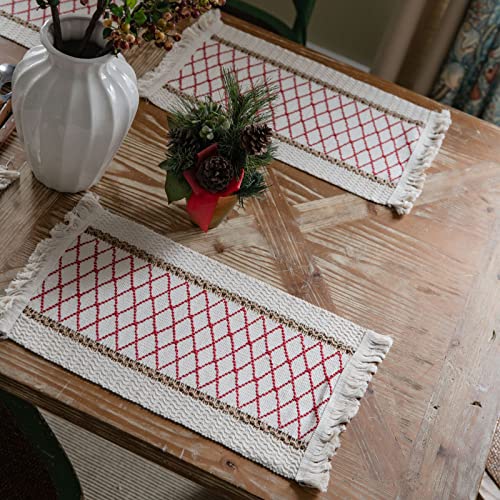 Amokk Rustic Boho Placemats With Decorative Fringe Rectangular Plaid Macrame Table Mats Set Of 4 (Red) #TOP2