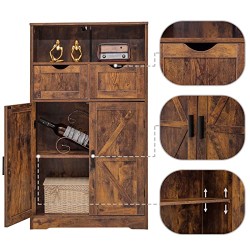 Weenfon Floor Storage Cabinet With 2 Adjustable Drawers & 2 Barn Doors, Standing Cupboard With 2 Shelf, For Living Room, Home Office, Kitchen, Rustic Brown #TOP4