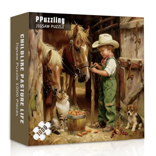 Rompecabezas de animales de granja para adultos, 1000 piezas, escena vintage de cowboy pequeño con caballos, gato y cachorro, rompecabezas artístico rústico de granja y granero miniatura 1