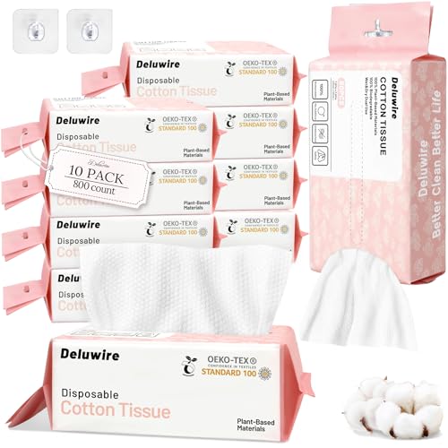 Image of Soft Dry Wipe 10 Pack, Face Tissues, Lint Free Facial Cleansing Towels Disposable, Extra Thick Dry and Wet Use for Sensitive Skin, Makeup Removing, Surface Cleaning (800 Count)
