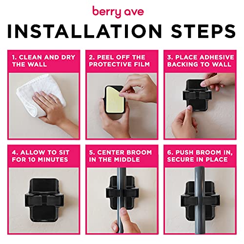 Image of Combo 5 Slot Broom Holder w / 1 Self Adhesive Mop Gripper No-Drilling, Wall Mount Tool Organizers For Kitchen, Garage, Laundry Room- Anti-Slip Hanger For Brooms, Mops, Rakes, Dustpans (Black / Black)