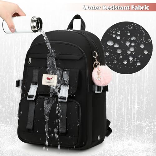 3 PCS Backpack for Teen Girls,Laptop Backpacks 15.6 Inch School Bag with Lunch Box Pencil Pouch Set for Students Aesthetic College Bookbag Travel Daypack(Black)4