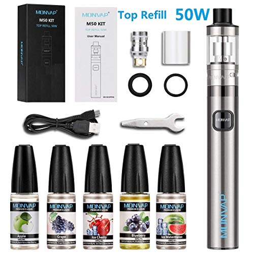 Cigarette Electronique Kit Complet 50W, MONVAP M50 Kit, Top Refill Atomiseur 0.5ohm 2ml, 1500mah intégrée Batterie, Complet Vape Pen Set Cigarettes électroniques sans Nicotine ni Tabac (Black 50w)