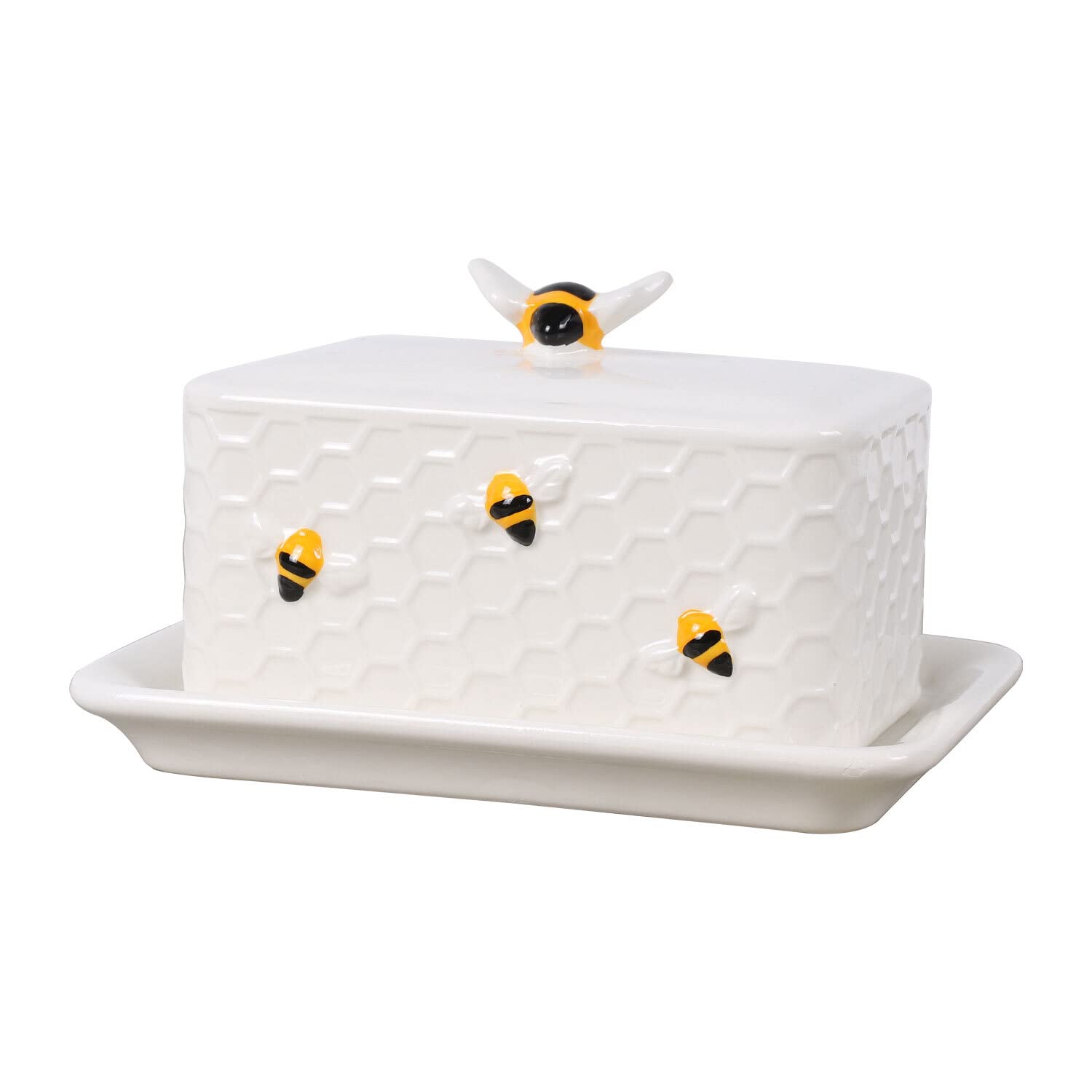 EEMKAY® New Embossed Ceramic Honeycomb Design Butter Dish Add Charm To Dinning Table G-22