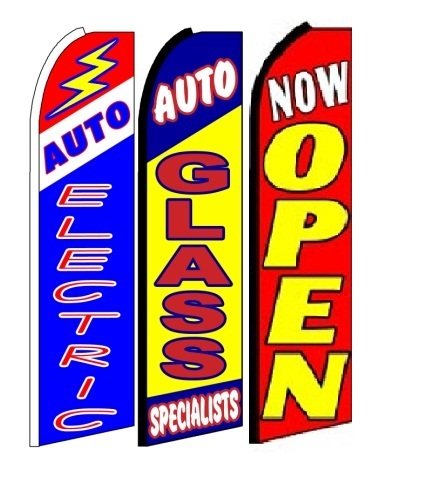 OnPoint Wares Auto+electric,+auto+glass+specialists, Now Open King Feather Flag Sign- Pack of 3