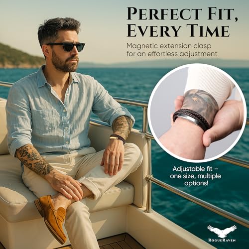 Pulsera de cuero negro para hombres con cierre de acero inoxidable miniatura 4
