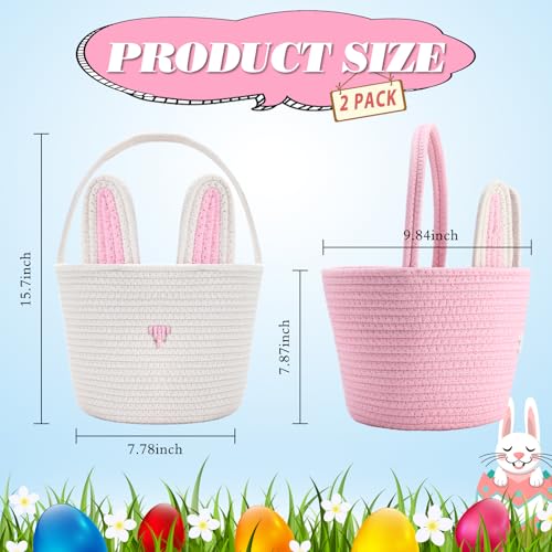 Image of Colingmill 2 Pieces Easter Bunny Basket with Handle Woven Empty Rabbit Basket for Easter Egg Hunt Cute Candy Gifts Storage Party Favors Supplies(White, Pink)