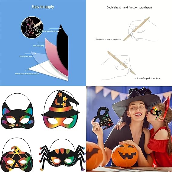 4x Halloween Pumpkin, Bat, Witch and Spider Pattern Mask for Kids and Adults Halloween Scraper Foil Masks - Image 3