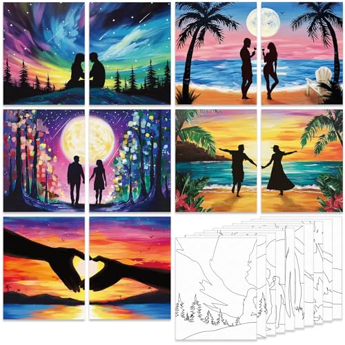 Nuberlic 10 Pcs Pre Drawn Canvas to Paint for Adults Romantic Aurora Beach Heart Couples Theme Canvas Painting Set for Adults Date Night Outline Paint and Sip Kit for Party Favor 8 x 10 inch