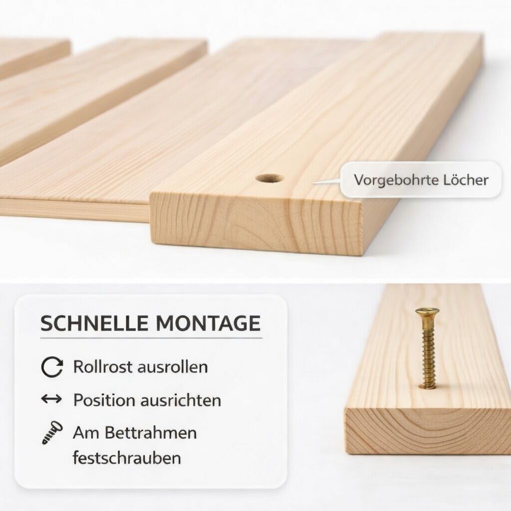 Verdone Rollrost Premium Lattenrost 140x200 cm aus Massivholz – mit 23 extra stabilen Latten, vormontiert, rollbar & stapelbar, Bettrost als Matratzenunterlage, 34 mm Leistenabstand