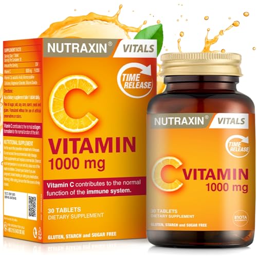 Nutraxin Vitamin C Tablets, 1000mg - Time-Release Formula for Immune Support with Rosa Canina & Citrus Bioflavonoids - Non-GMO, Gluten-Free, No Additives - 30 Tablets for Daily Health & Wellness