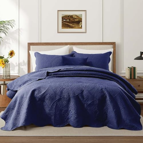 IR Imperial Rooms King Quilt Bedding Set Size (106" x 96") + 2 Pillow Shams (20" x 36"+ 2") - 3 Pcs All Season Lightweight Reversible Microfiber Coverlet Floral Embossed Quilt Bedspread (Blue)