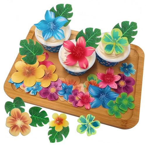KLINNA Lot de 83 décorations de gâteau en papier comestible : 35 fleurs comestibles, 48 feuilles comestibles pour cupcakes, décorations d'anniversaire jungle, idéales pour les fêtes hawaïennes et les