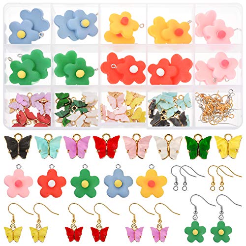 JuneJour - Abalorios de mariposa, abalorios de resina, joyería de bricolaje, abalorios, pendientes, pulseras de abalorios para mujer (20 flores + 40 mariposas + 20 ganchos para las orejas, 80 piezas) Cover