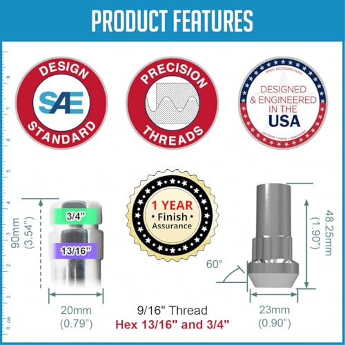 Image of Wheel Accessories Parts 4 Locks + Key 9 /16 inch-18 Thread Closed End Bulge 1.90 inch Long Wheel Lock Chrome Dual Hex Key 13 /16 inch and 3 /4 inch Hex Fits Ram 2500 3500 Chevy GMC C2500 C3500 Ford F250 F350