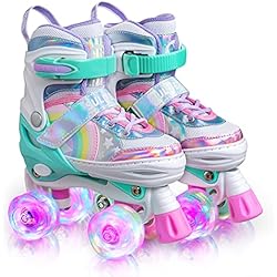 Patines 4 Ruedas Quad Sulifeel Rainbow Unicorn Ruedas Patines Roller con Luces Ajustables para Niñas y Niños