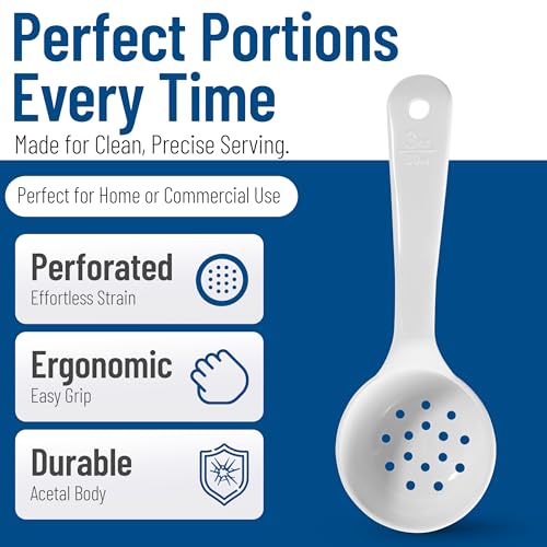 Image of Carlisle FoodService Products 8 inch 3 oz Perforated Portion Control Spoon - Short Handle spoon - Flat Bottom spoon, Dishwasher Compatible, White
