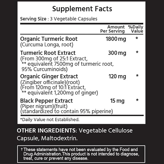 ML Naturals Turmeric Curcumin 1,800mg, Root Extract 300mg - 120mg Ginger & 15mg Black Pepper (Per Serving) - 90 Vegetable Capsules Non-GMO