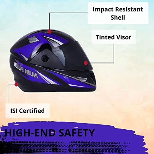 Image of Sage Square ABS ISI Certified Tinted Visor High Standard Safety Enhanced Design Extra Comfort Plus Full Face Graphic Helmet (Black Glossy, Blue, Size: Large)