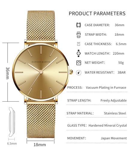 Image of HANNAH MARTIN Watches for Women Analog Women's Watch with Stainless Steel Expansion Band Minimalist Slim Dial 30M Waterproof Ladies Dress Wristwatch for Casual Daily Business