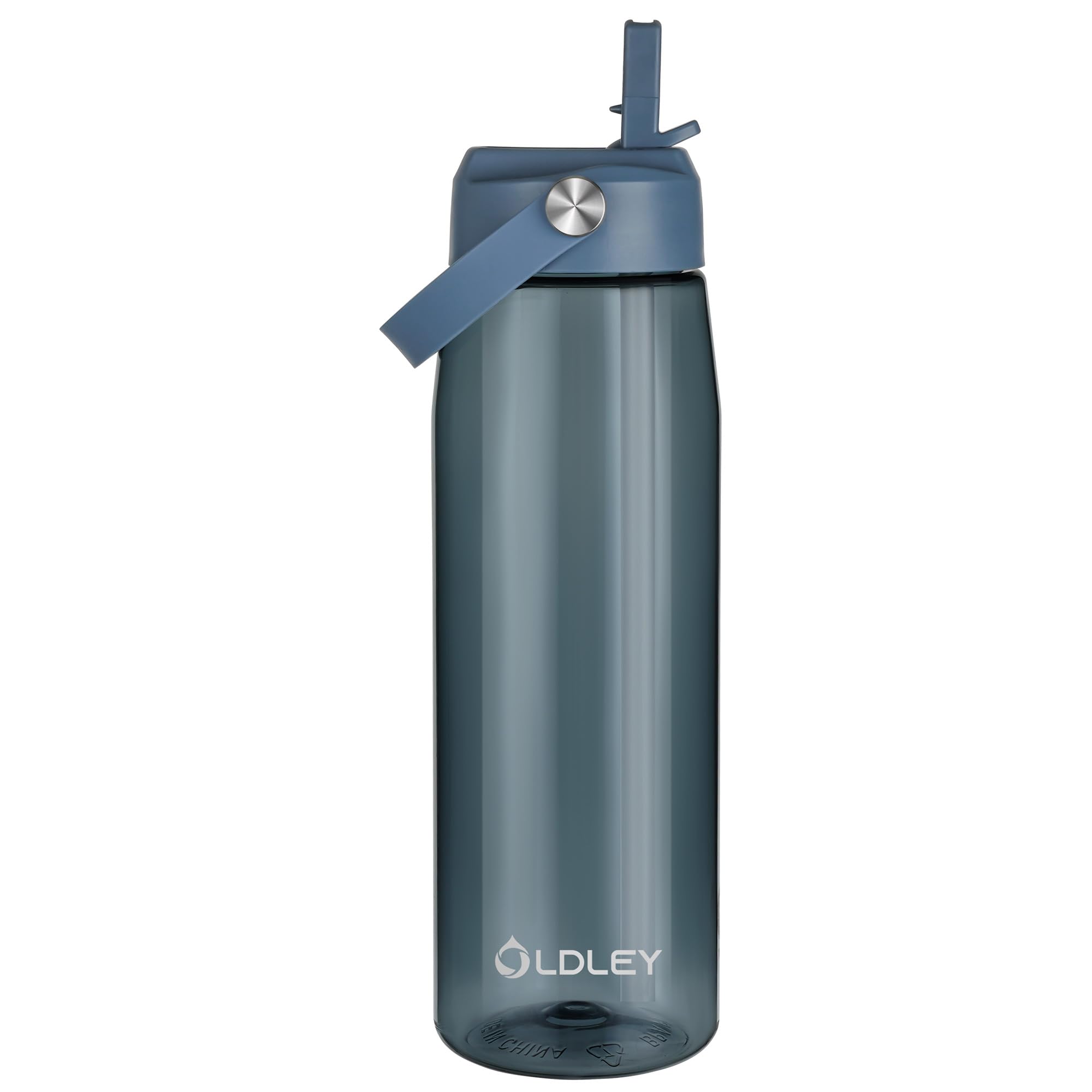OLDLEY 1000ml/32oz Water Bottle with Straw Tritan 1 Litre Clear Drinks Bottle with Handle BPA Free Leakproof Reusable Large Sports Bottle for Gym, School, Cycling (Ink Blue)