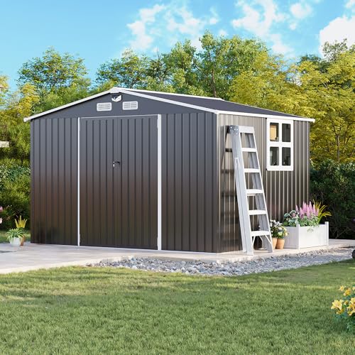 MXV 10 x 8FT Outdoor Storage Shed, Metal Garden Shed with Windows, Double Lockable Doors & Sloped Roof, Magnetic Solar Lamp, Waterproof Tool Sheds for Backyard Garden Patio Lawn, Black by MXV - Image 3