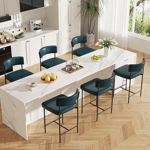 Image of Bar Stools Set of 6, Faux Leather Counter Height Barstools with Curved Back, 25 Inch Upholstered Bar Chairs, Modern Counter Stools for Kitchen lsland, Dark Blue